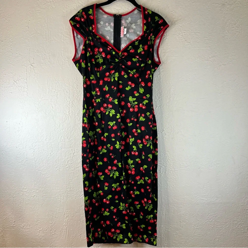 Pinup Couture Natasha Rockabilly Wiggle Cherry Print Dress - Picture 2 of 11
